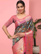 Brown Art Silk Digital Print Floral Saree with Unstitched Blouse - Hiral Fashion | Grocsy