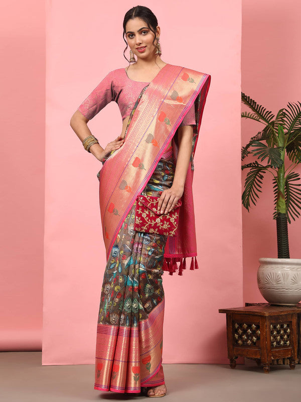 Brown Art Silk Digital Print Floral Saree with Unstitched Blouse - Hiral Fashion | Grocsy