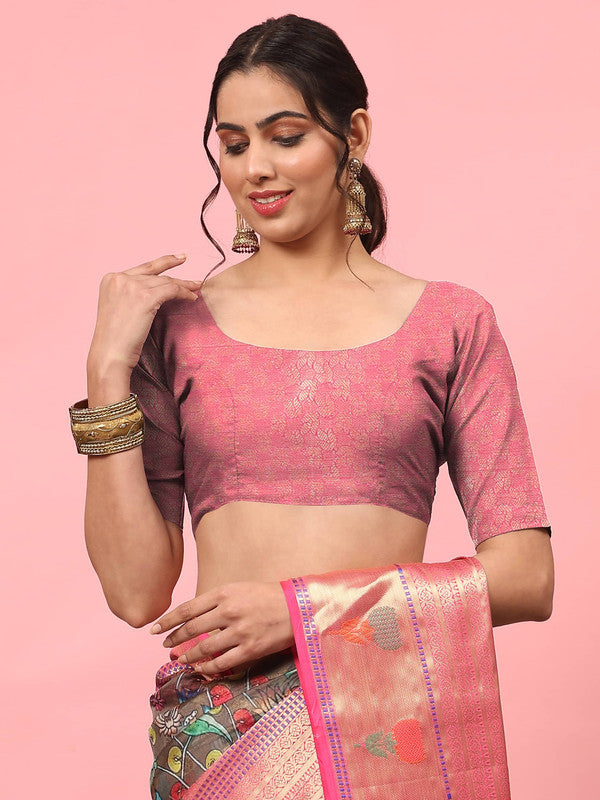 Brown Art Silk Digital Print Floral Saree with Unstitched Blouse - Hiral Fashion | Grocsy