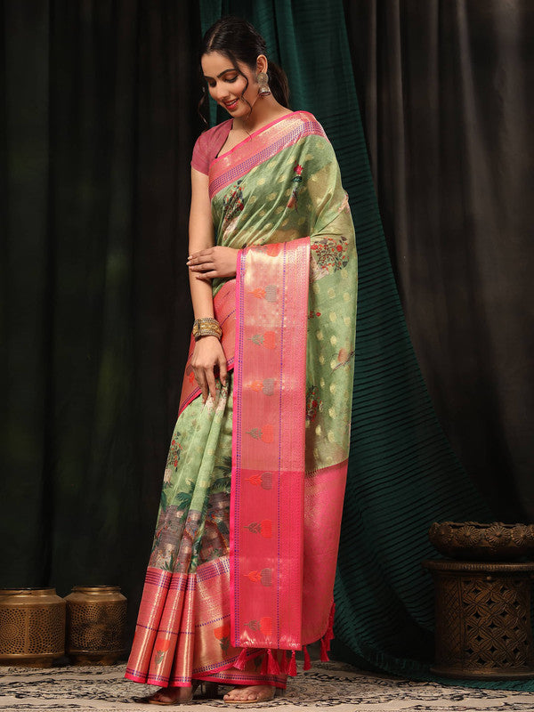Green Art Silk Digital Print Floral Saree with Unstitched Blouse - Hiral Fashion | Grocsy
