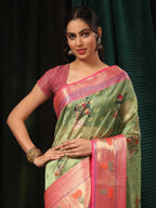 Green Art Silk Digital Print Floral Saree with Unstitched Blouse - Hiral Fashion | Grocsy