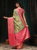 Green Art Silk Digital Print Floral Saree with Unstitched Blouse - Hiral Fashion | Grocsy