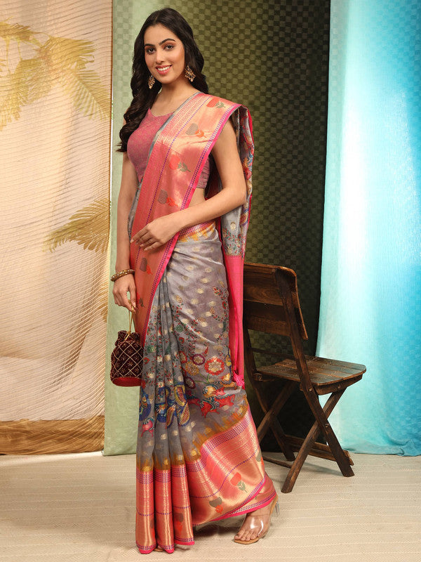 Gray Art Silk Digital Print Floral Saree with Unstitched Blouse - Hiral Fashion | Grocsy