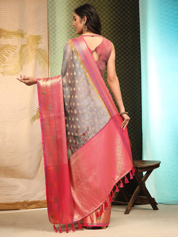 Gray Art Silk Digital Print Floral Saree with Unstitched Blouse - Hiral Fashion | Grocsy