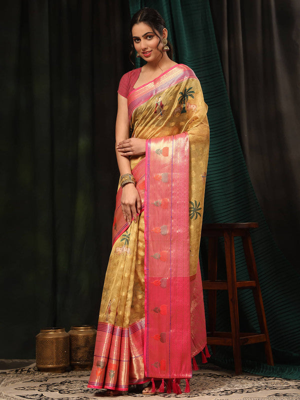 Mustard Art Silk Digital Print Floral Saree with Unstitched Blouse - Hiral Fashion | Grocsy