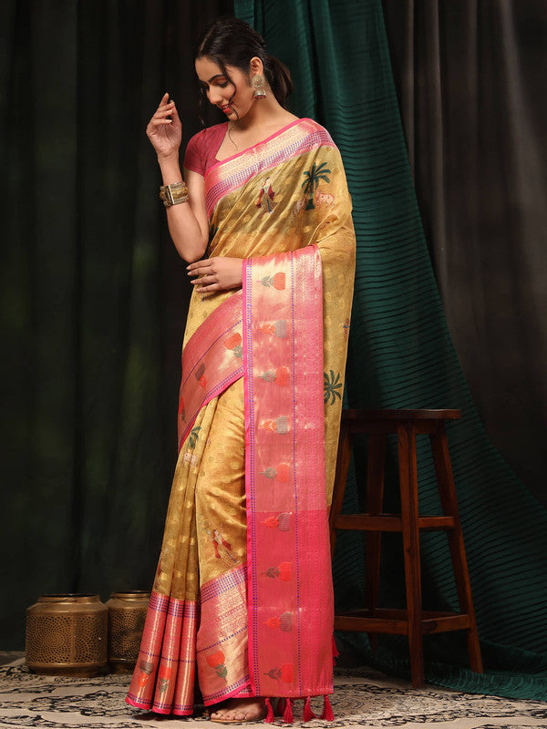 Mustard Art Silk Digital Print Floral Saree with Unstitched Blouse - Hiral Fashion | Grocsy