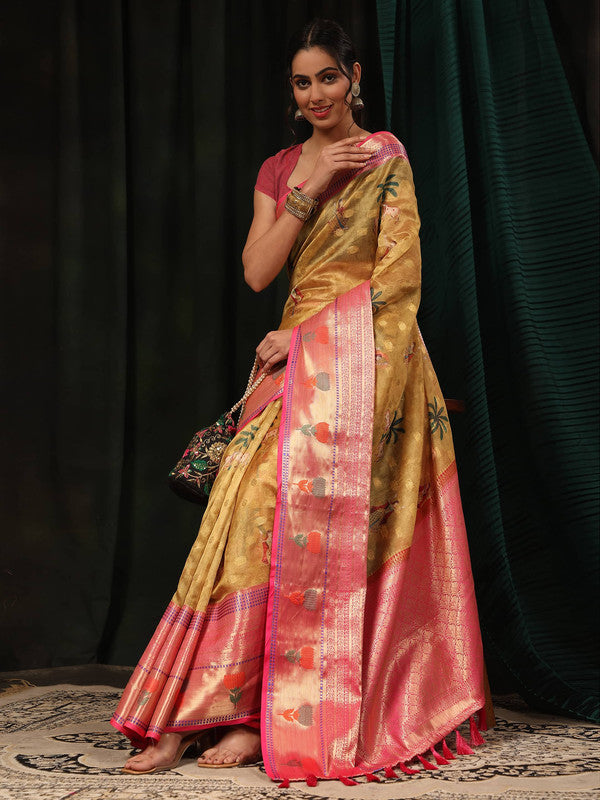 Mustard Art Silk Digital Print Floral Saree with Unstitched Blouse - Hiral Fashion | Grocsy