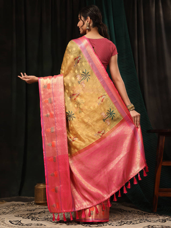 Mustard Art Silk Digital Print Floral Saree with Unstitched Blouse - Hiral Fashion | Grocsy
