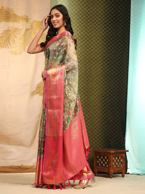 Multicolor Art Silk Digital Print Floral Saree with Unstitched Blouse - Hiral Fashion | Grocsy