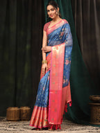 Navy Blue Art Silk Digital Print Floral Saree with Unstitched Blouse - Hiral Fashion | Grocsy