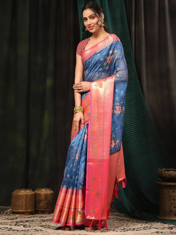 Navy Blue Art Silk Digital Print Floral Saree with Unstitched Blouse - Hiral Fashion | Grocsy