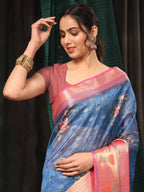Navy Blue Art Silk Digital Print Floral Saree with Unstitched Blouse - Hiral Fashion | Grocsy