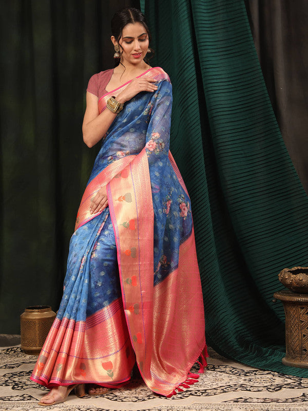 Navy Blue Art Silk Digital Print Floral Saree with Unstitched Blouse - Hiral Fashion | Grocsy
