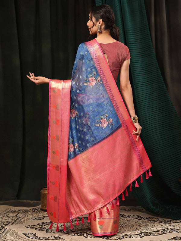 Navy Blue Art Silk Digital Print Floral Saree with Unstitched Blouse - Hiral Fashion | Grocsy