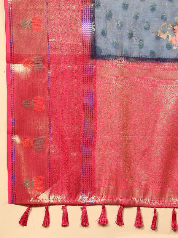 Navy Blue Art Silk Digital Print Floral Saree with Unstitched Blouse - Hiral Fashion | Grocsy