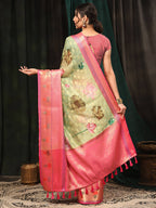 Green Art Silk Digital Print Floral Saree with Unstitched Blouse - Hiral Fashion | Grocsy
