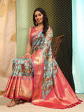 Sky Blue Art Silk Digital Print Floral Saree with Unstitched Blouse - Hiral Fashion | Grocsy