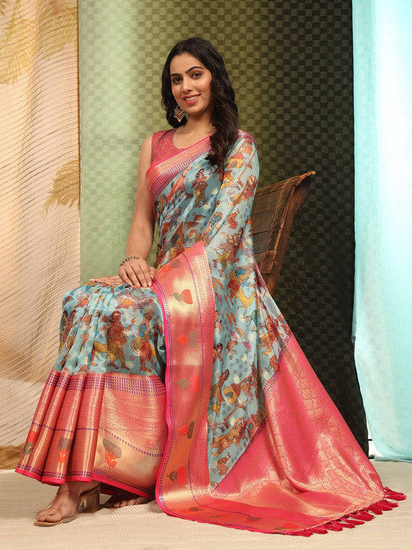 Sky Blue Art Silk Digital Print Floral Saree with Unstitched Blouse - Hiral Fashion | Grocsy