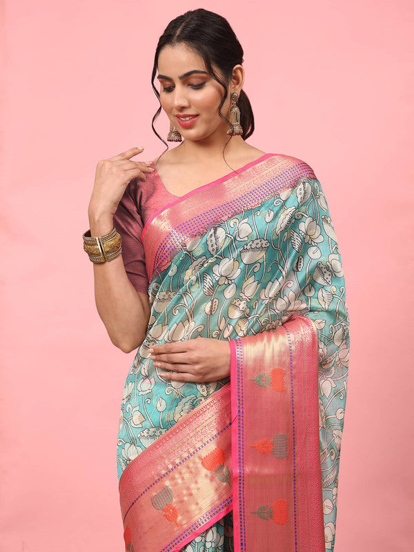 Turquoise Art Silk Digital Print Floral Saree with Unstitched Blouse - Hiral Fashion | Grocsy
