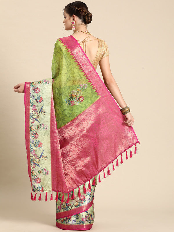 Green Kanjeevaram Silk Digital Print Floral Saree with Unstitched Blouse - Hiral Fashion | Grocsy
