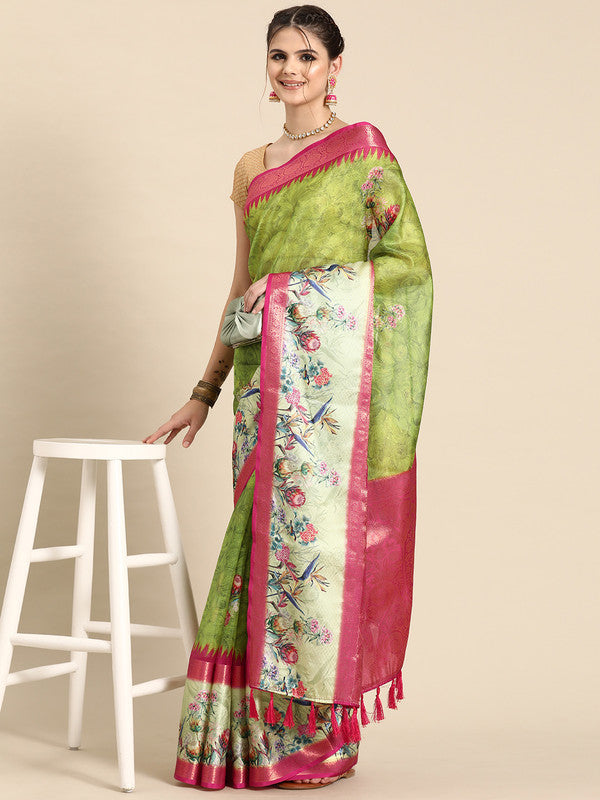 Green Kanjeevaram Silk Digital Print Floral Saree with Unstitched Blouse - Hiral Fashion | Grocsy