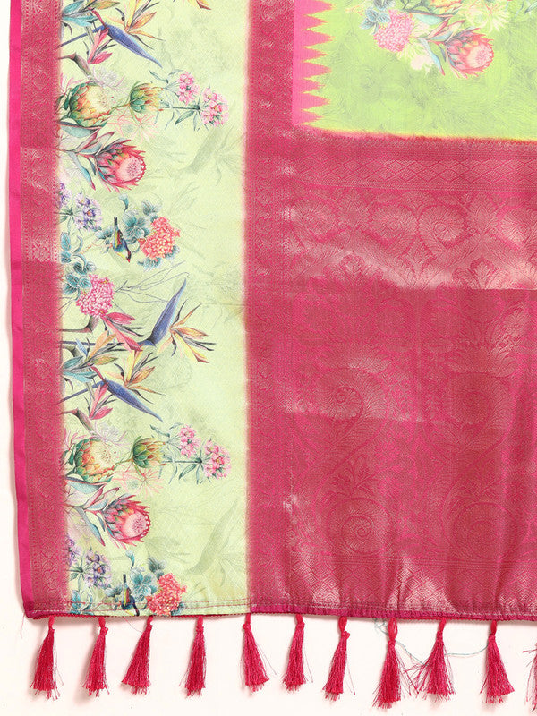 Green Kanjeevaram Silk Digital Print Floral Saree with Unstitched Blouse - Hiral Fashion | Grocsy
