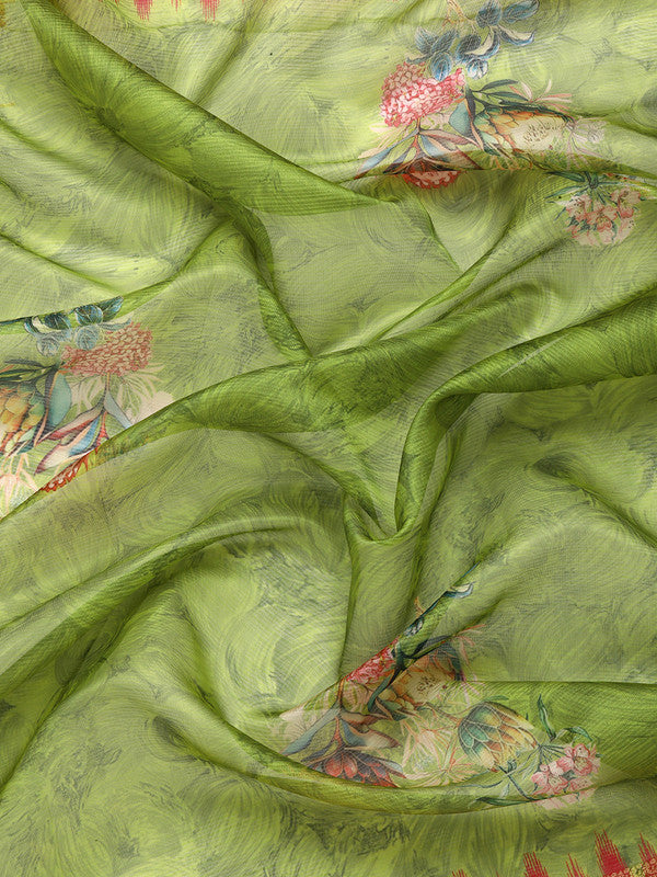 Green Kanjeevaram Silk Digital Print Floral Saree with Unstitched Blouse - Hiral Fashion | Grocsy