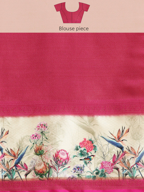 Green Kanjeevaram Silk Digital Print Floral Saree with Unstitched Blouse - Hiral Fashion | Grocsy