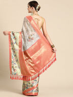 Gray Kanjeevaram Silk Digital Print Floral Saree with Unstitched Blouse - Hiral Fashion | Grocsy