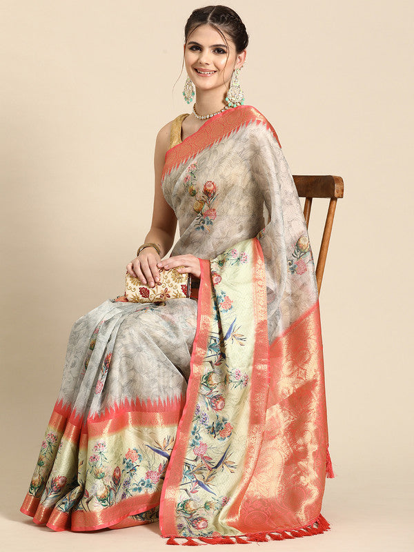 Gray Kanjeevaram Silk Digital Print Floral Saree with Unstitched Blouse - Hiral Fashion | Grocsy