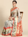 Gray Kanjeevaram Silk Digital Print Floral Saree with Unstitched Blouse - Hiral Fashion | Grocsy