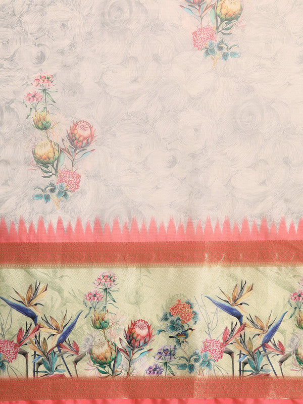 Gray Kanjeevaram Silk Digital Print Floral Saree with Unstitched Blouse - Hiral Fashion | Grocsy