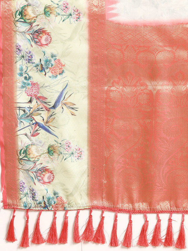 Gray Kanjeevaram Silk Digital Print Floral Saree with Unstitched Blouse - Hiral Fashion | Grocsy
