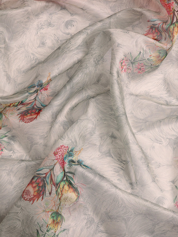 Gray Kanjeevaram Silk Digital Print Floral Saree with Unstitched Blouse - Hiral Fashion | Grocsy