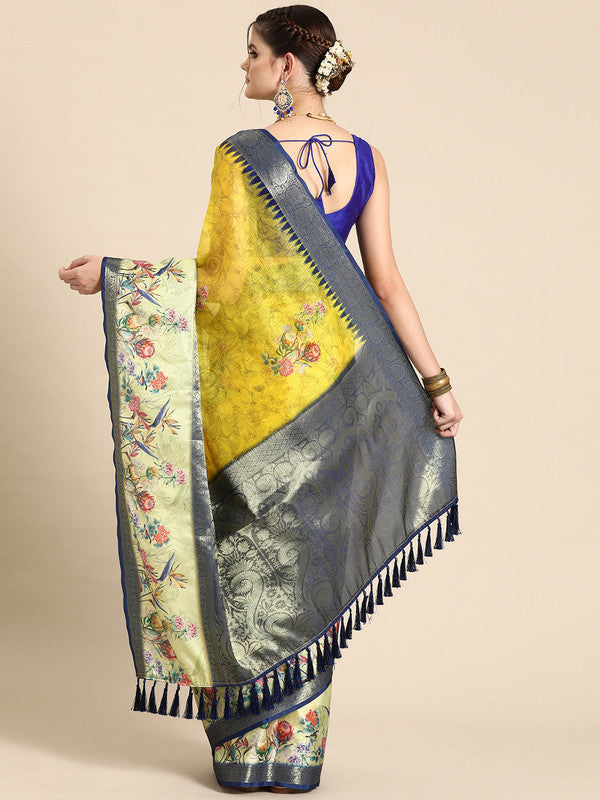 Mustard Kanjeevaram Silk Digital Print Floral Saree with Unstitched Blouse - Hiral Fashion | Grocsy