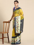 Mustard Kanjeevaram Silk Digital Print Floral Saree with Unstitched Blouse - Hiral Fashion | Grocsy