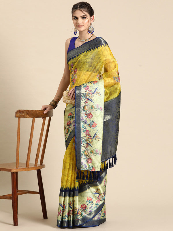 Mustard Kanjeevaram Silk Digital Print Floral Saree with Unstitched Blouse - Hiral Fashion | Grocsy