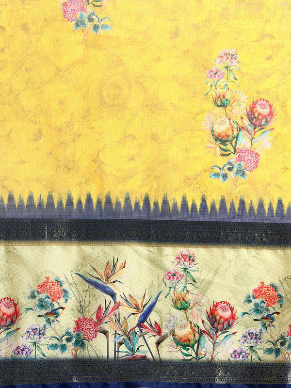 Mustard Kanjeevaram Silk Digital Print Floral Saree with Unstitched Blouse - Hiral Fashion | Grocsy