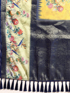 Mustard Kanjeevaram Silk Digital Print Floral Saree with Unstitched Blouse - Hiral Fashion | Grocsy