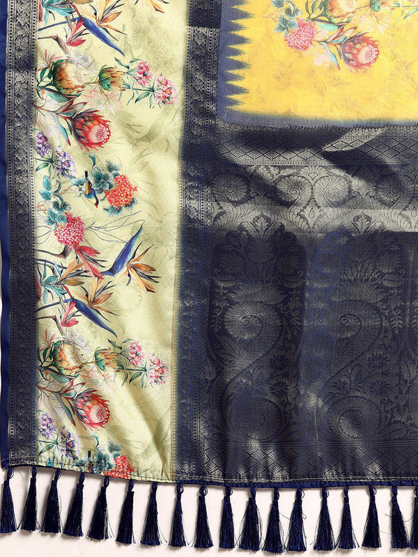 Mustard Kanjeevaram Silk Digital Print Floral Saree with Unstitched Blouse - Hiral Fashion | Grocsy