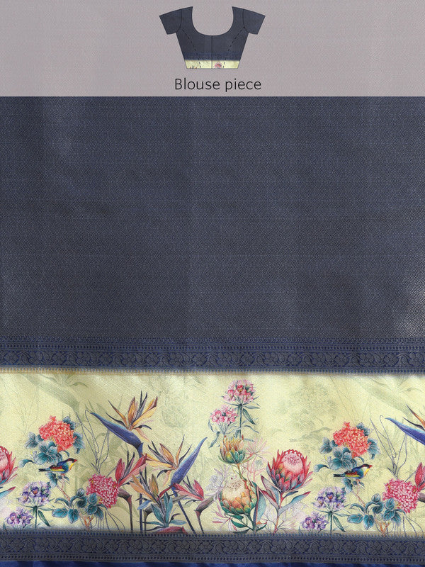 Mustard Kanjeevaram Silk Digital Print Floral Saree with Unstitched Blouse - Hiral Fashion | Grocsy