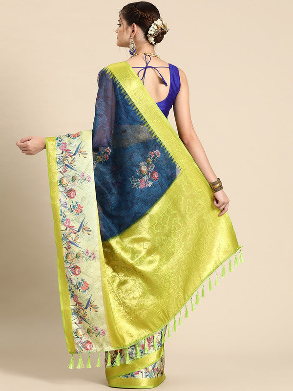 Navy Blue Kanjeevaram Silk Digital Print Floral Saree with Unstitched Blouse - Hiral Fashion | Grocsy