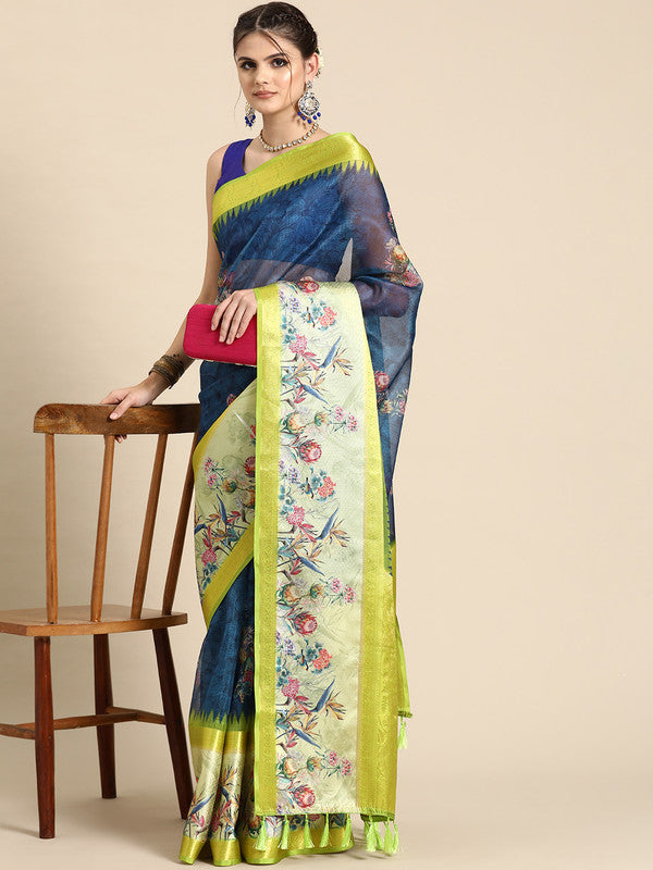 Navy Blue Kanjeevaram Silk Digital Print Floral Saree with Unstitched Blouse - Hiral Fashion | Grocsy