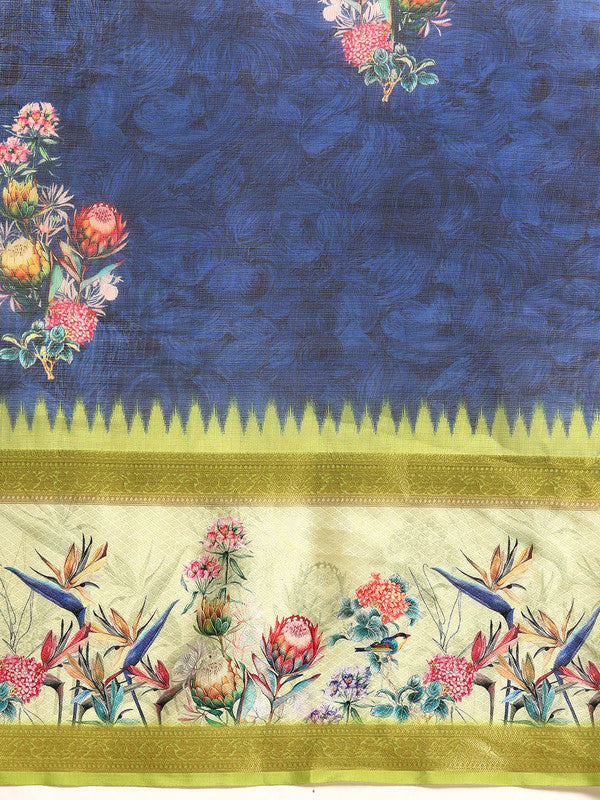 Navy Blue Kanjeevaram Silk Digital Print Floral Saree with Unstitched Blouse - Hiral Fashion | Grocsy