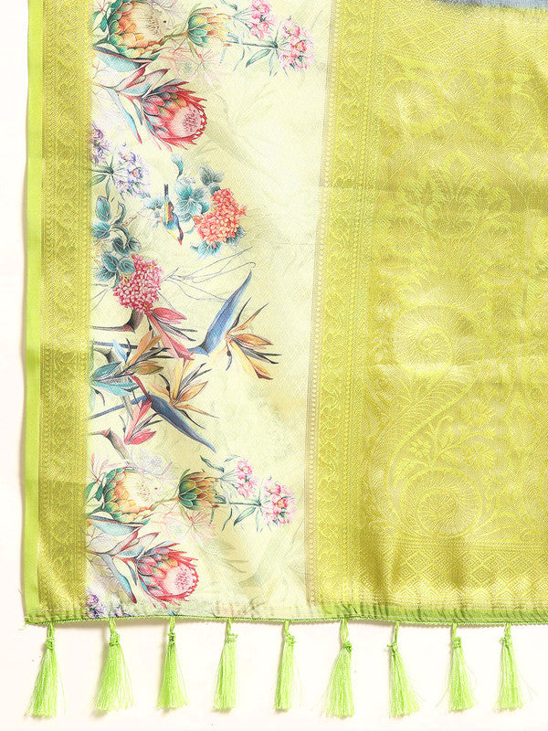 Navy Blue Kanjeevaram Silk Digital Print Floral Saree with Unstitched Blouse - Hiral Fashion | Grocsy