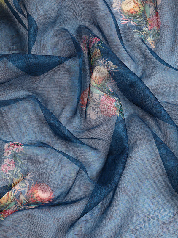 Navy Blue Kanjeevaram Silk Digital Print Floral Saree with Unstitched Blouse - Hiral Fashion | Grocsy
