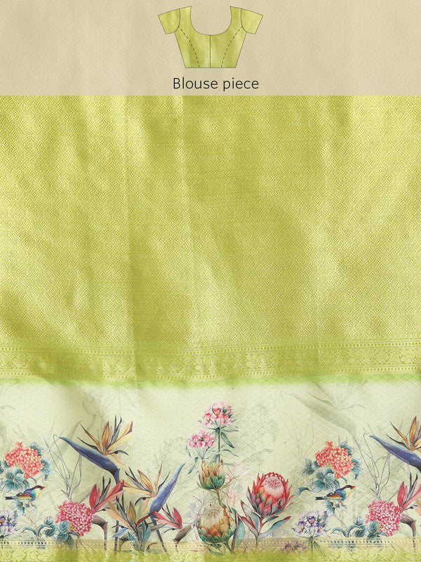 Navy Blue Kanjeevaram Silk Digital Print Floral Saree with Unstitched Blouse - Hiral Fashion | Grocsy