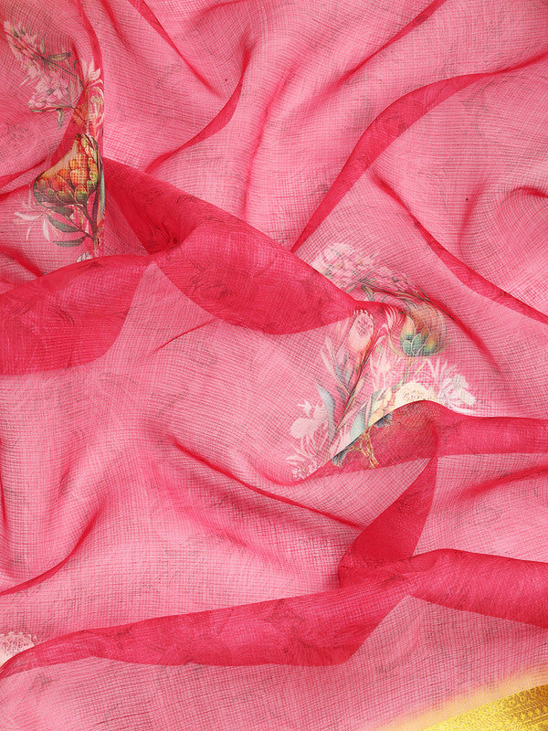 Red Kanjeevaram Silk Digital Print Floral Saree with Unstitched Blouse - Hiral Fashion | Grocsy
