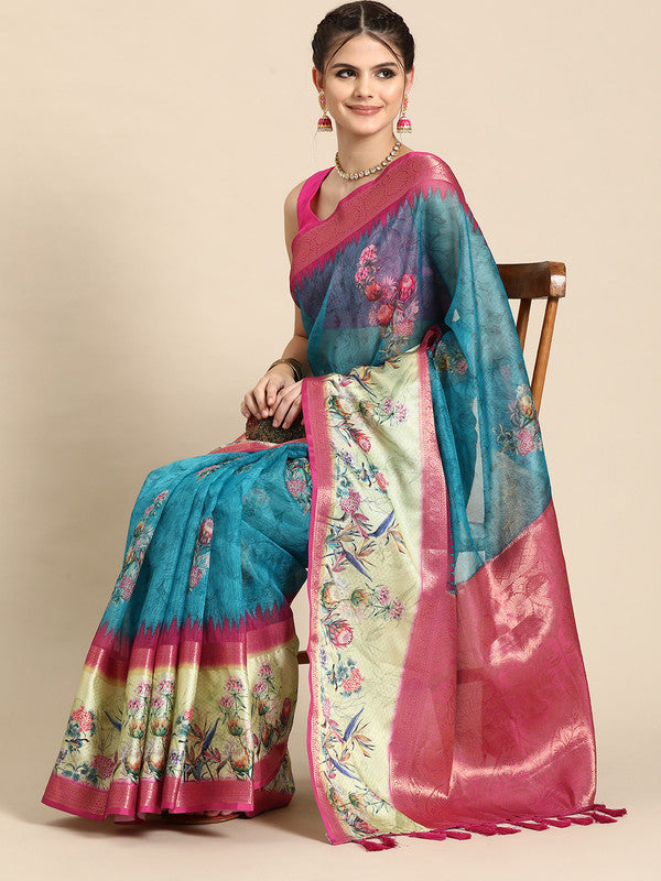 Turquoise Kanjeevaram Silk Digital Print Floral Saree with Unstitched Blouse - Hiral Fashion | Grocsy