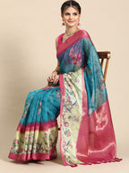 Turquoise Kanjeevaram Silk Digital Print Floral Saree with Unstitched Blouse - Hiral Fashion | Grocsy